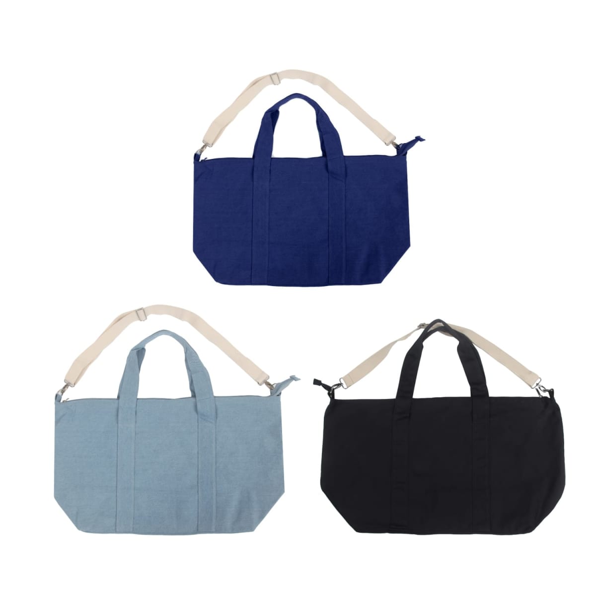 Three tote bags in blue, light blue, and black, each with beige shoulder straps.