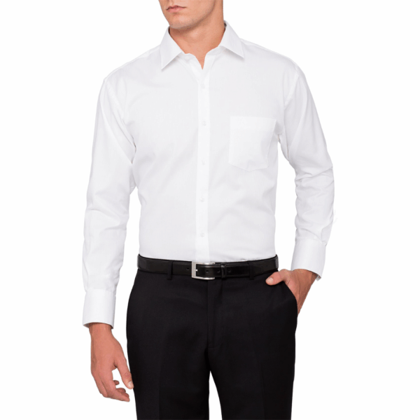 Man in a Van Heusen Euro Fit Shirt Herringbone and black trousers, hand in pocket.