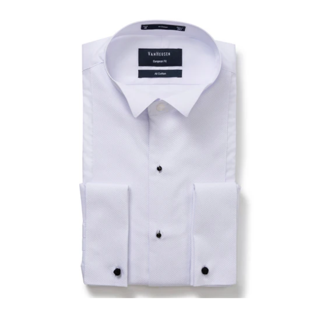 Van Heusen Mens Euro Fit Tuxedo Shirt With Wing Collar displayed on a plain white background.