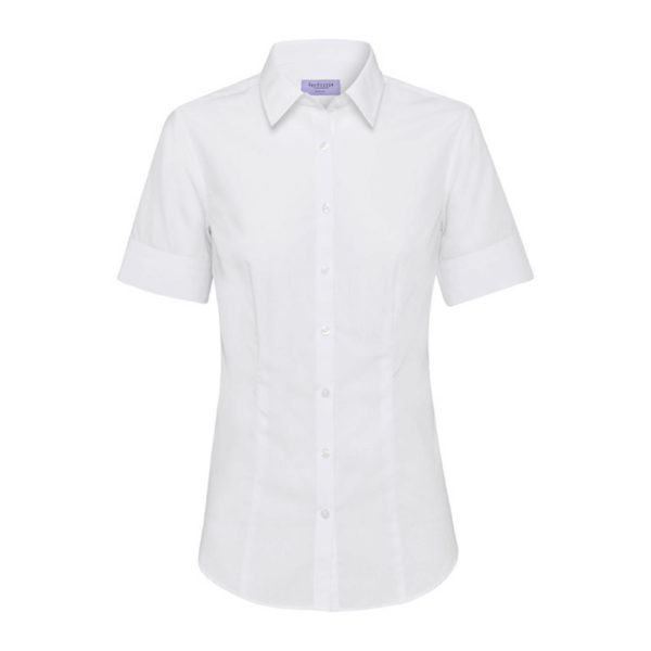 Van Heusen womens short sleeve blue self-stripe blouse shown on a plain background.