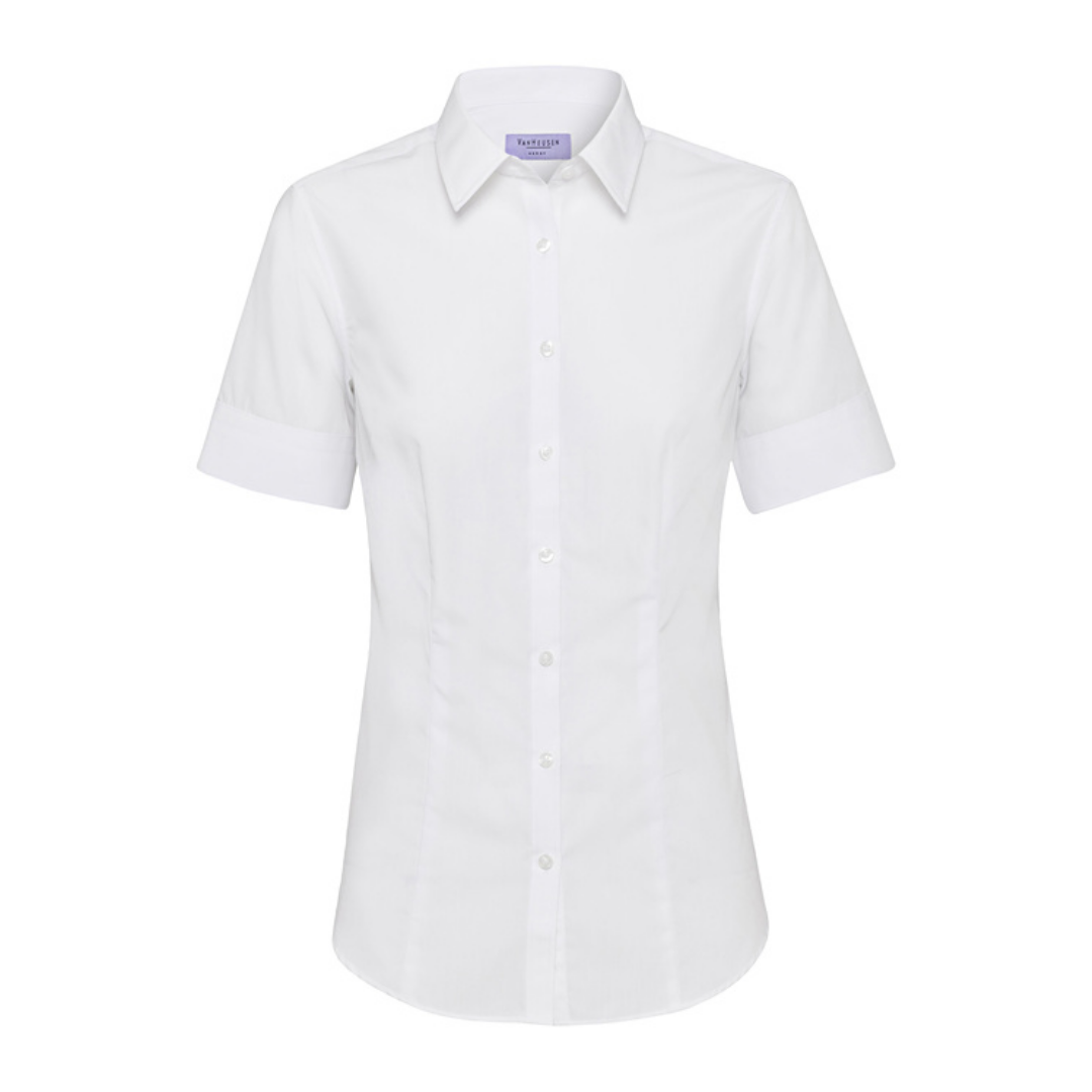 Van Heusen womens short sleeve blue self-stripe blouse shown on a plain background.