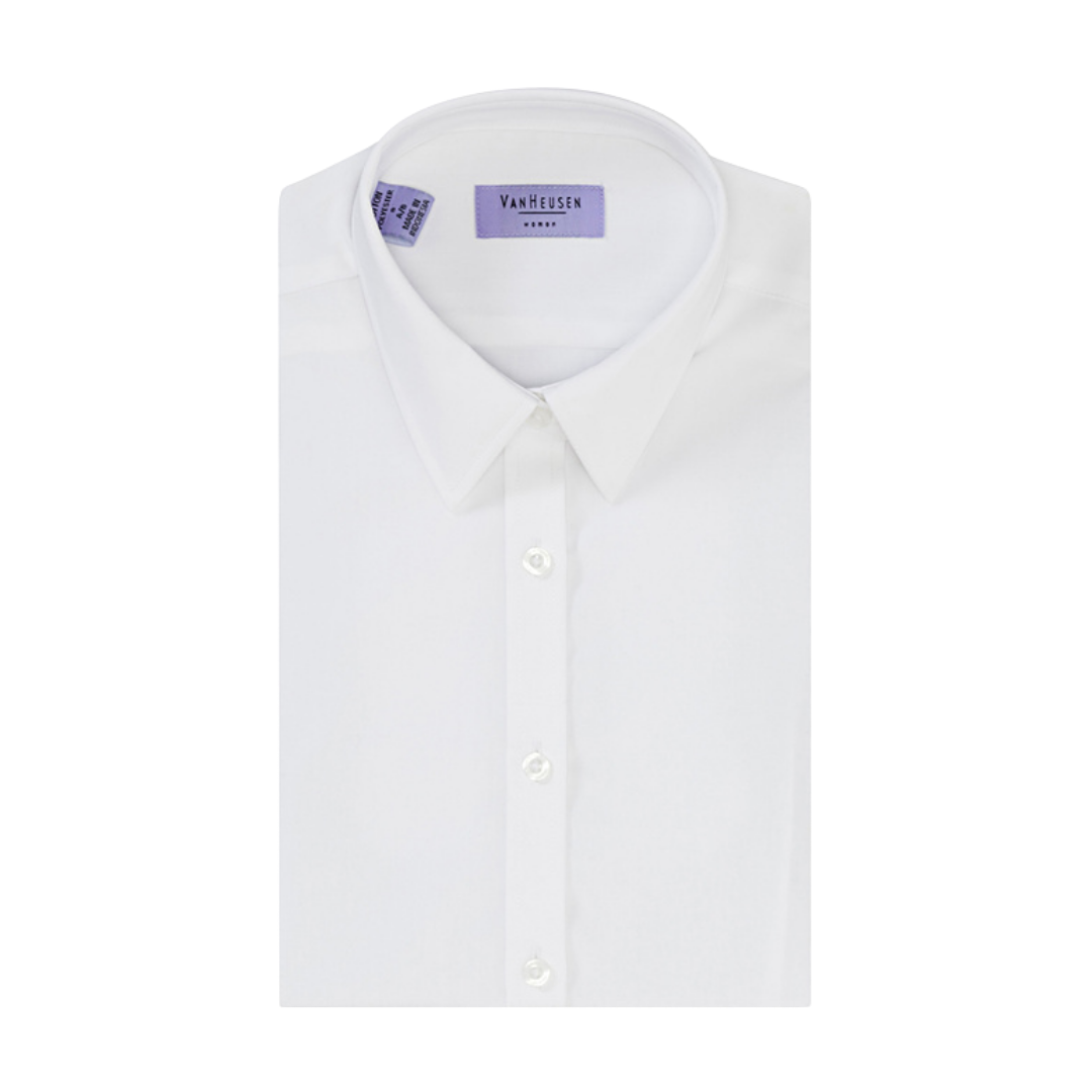 Van Heusen Womens Blouse Short Sleeve, white with buttons and pointed collar, folded neatly.