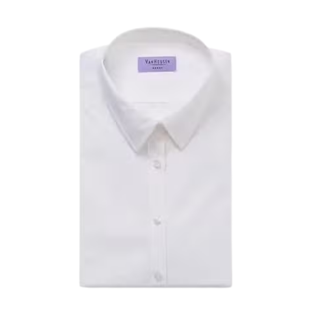 Van Heusen Womens Blouse Three Quarter Sleeve, white, neatly folded with collar and buttons.