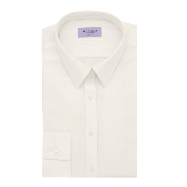 Folded Van Heusen Womens Bust Fit Long Sleeve Ivory Blouse with collar and buttoned cuffs.