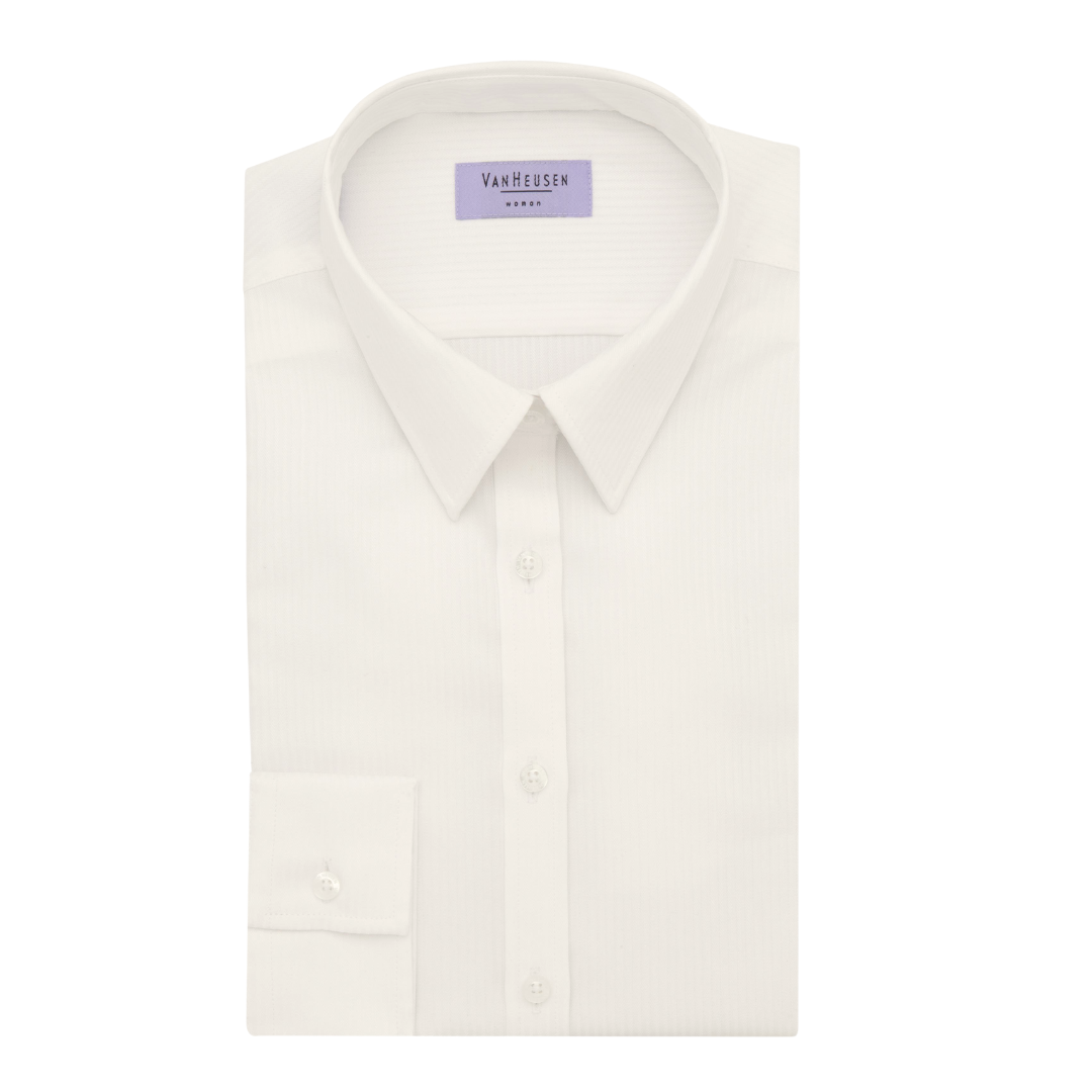 Folded Van Heusen Womens Bust Fit Long Sleeve Ivory Blouse with collar and buttoned cuffs.