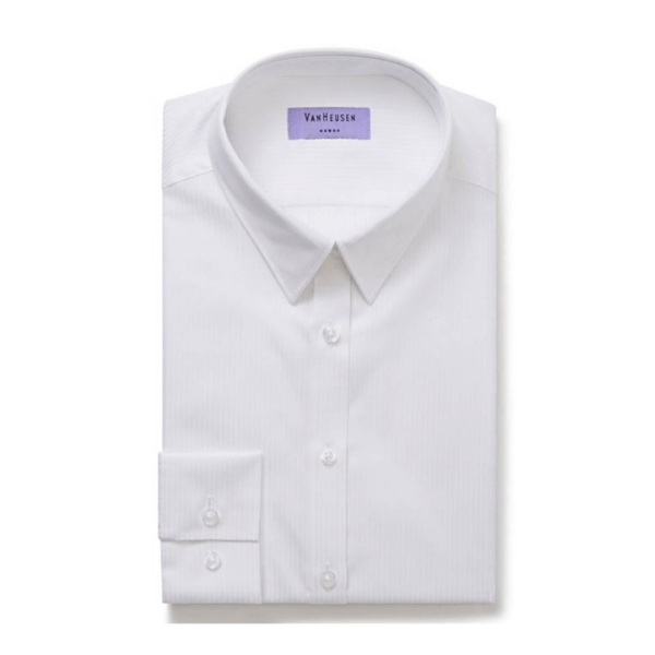 Folded Van Heusen Womens Bust Fit Long Sleeve White Blouse with label on collar.