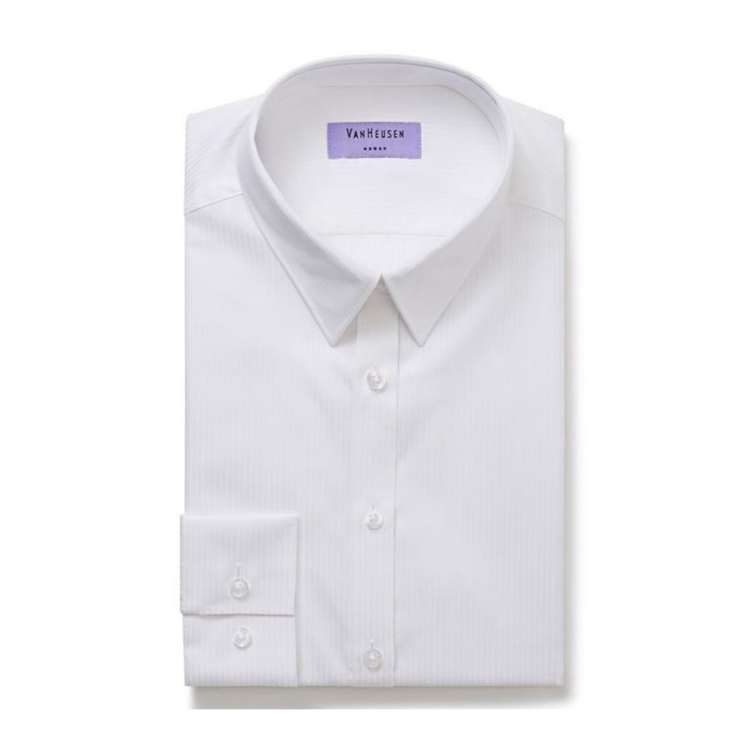 Folded Van Heusen Womens Bust Fit Long Sleeve White Blouse with label on collar.