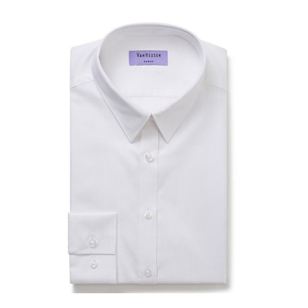 Van Heusen Womens Classic Fit Cotton Stretch Poplin Shirt with label on the collar.