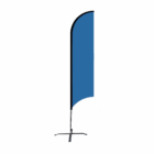 Custom printed Bow Flag, tall blue with black border, on cross-shaped metal base.