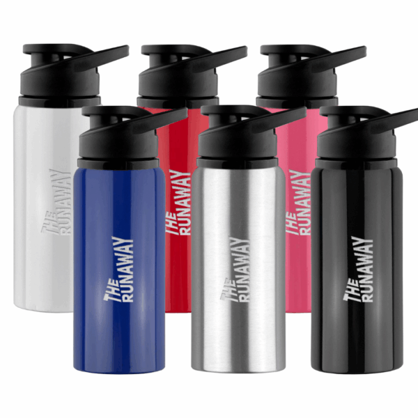 Five Hobart Promotional Aluminium Drink Bottles in five colors, labeled The Runaway.
