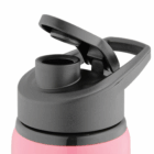 Close-up of a Hobart Promotional Aluminium Drink Bottle, pink with a black flip-top lid.