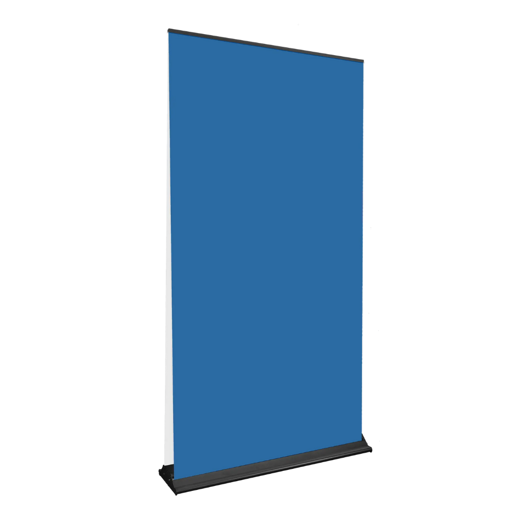 A Premium Double Side Banner 0.85x2m, blue, with black base on a white background.