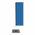 Rectangular Printed Flag in blue on a metal stand, isolated on white background.