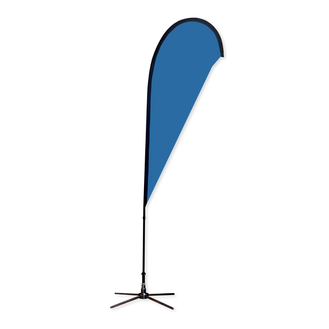 Teardrop Outdoor flags in blue with a black stand, ideal as outdoor flags or teardrop banners.