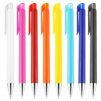 Eight Saturn Event Branded Pens in various colors lined up side by side on white background.
