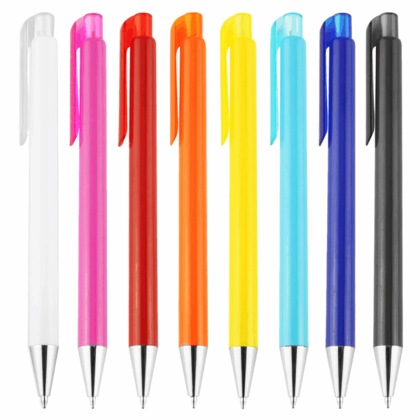 Eight Saturn Event Branded Pens in various colors lined up side by side on white background.