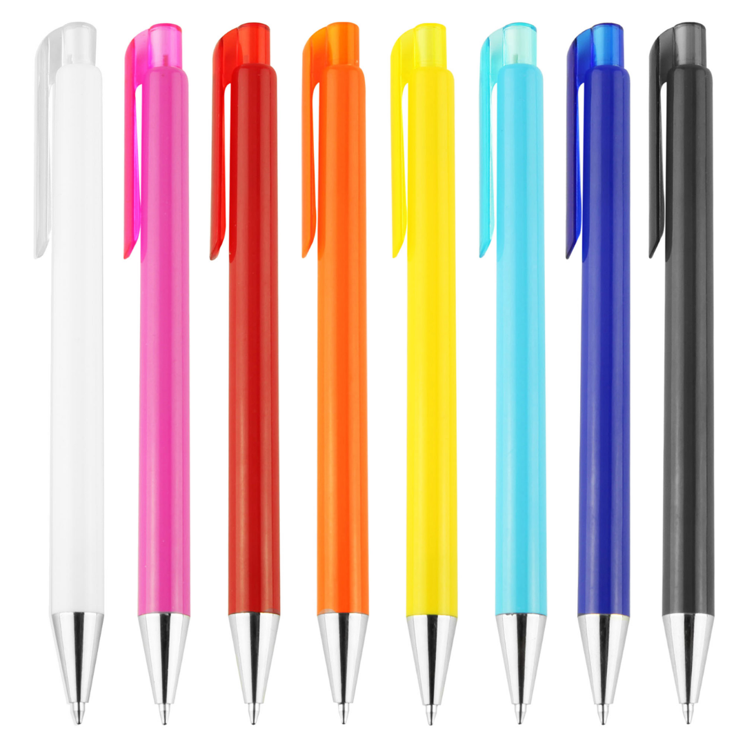 Eight Saturn Event Branded Pens in various colors lined up side by side on white background.