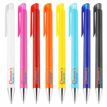 Eight Saturn Event Branded Pens with white, pink, red, orange, yellow, blue & black barrels.