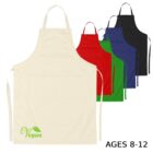 Aprons in beige, red, green, and black with Vegan text, for ages 8-12.