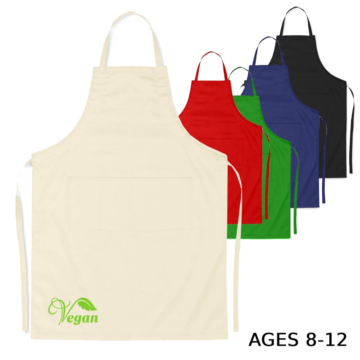 Aprons in beige, red, green, and black with Vegan text, for ages 8-12.