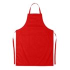 Red apron with neck loop and waist ties, featuring a rectangular pocket on the front.
