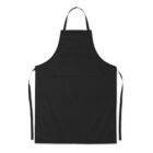 Black apron with neck loop and side ties on a white background.