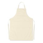 A plain, cream-colored apron with neck and waist ties.