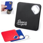 Square coasters with built-in bottle openers in black, red, blue, and white.