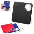 Square coasters with built-in bottle openers in red, blue, white, and black.