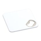 White square card-sized bottle opener with metal opener in the corner.