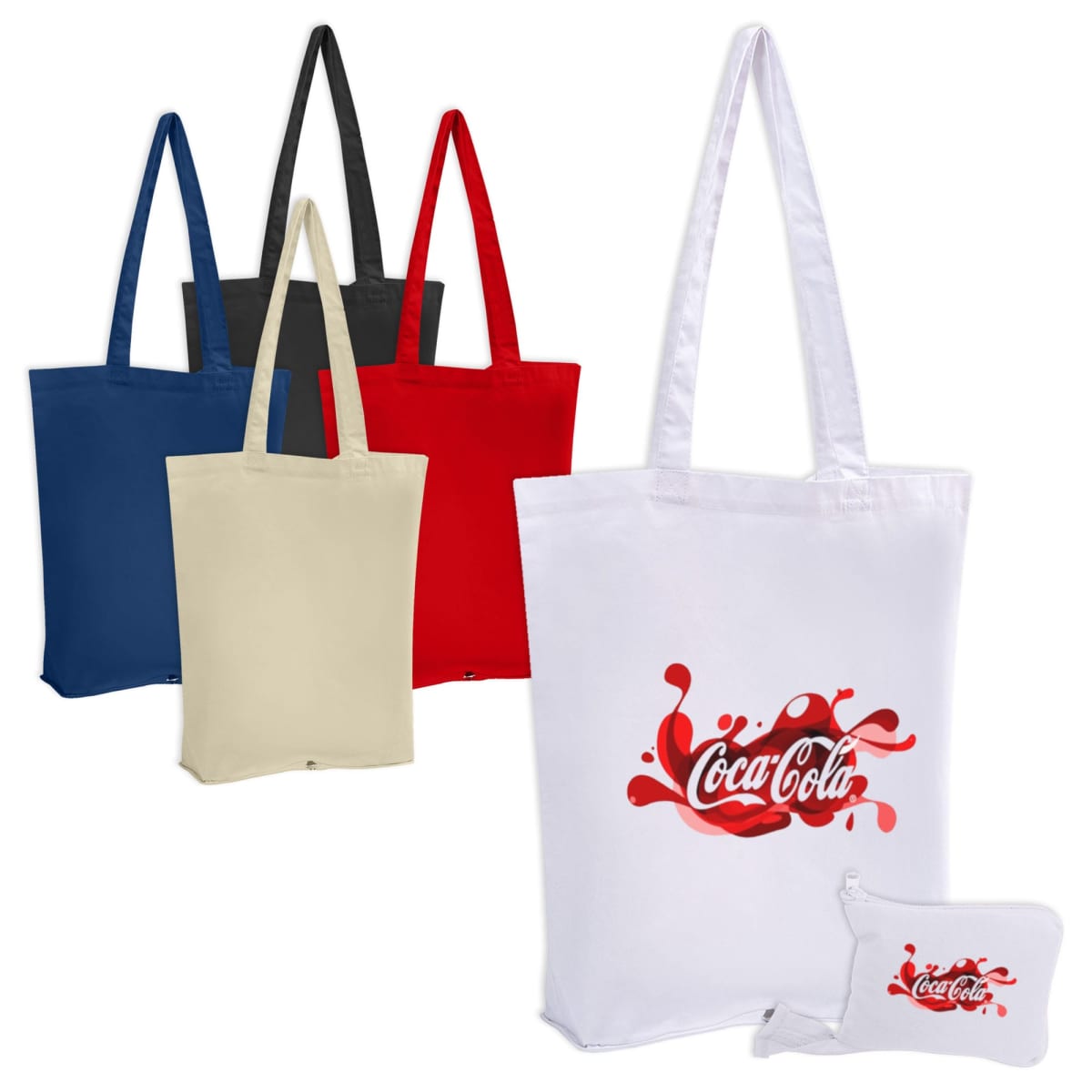 Five tote bags in blue, black, red, beige, and white are arranged together. The white bag has a Coca-Cola logo with a splash design. A small pouch with the same logo is placed next to it.