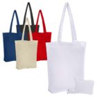 A collection of colorful tote bags, featuring white, red, beige, blue, and black options. Each has long handles, and one white bag includes a matching small pouch.