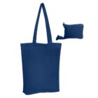 A blue foldable tote bag with long handles, shown next to its compact pouch. The bag can be stored in the small pouch when not in use.