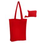 A vibrant red tote bag with long straps is shown alongside a matching compact pouch with a zipper, designed for convenient storage and portability. The tote and pouch are both simple and unadorned.