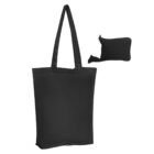 A black tote bag with long handles, accompanied by a small black pouch with a zipper, suitable for folding and storage.