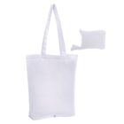 A plain white tote bag with two handles, displayed upright. Next to it is a small, matching white pouch with a zipper, folded flat. The tote bag appears to be foldable and fits into the pouch for compact storage.