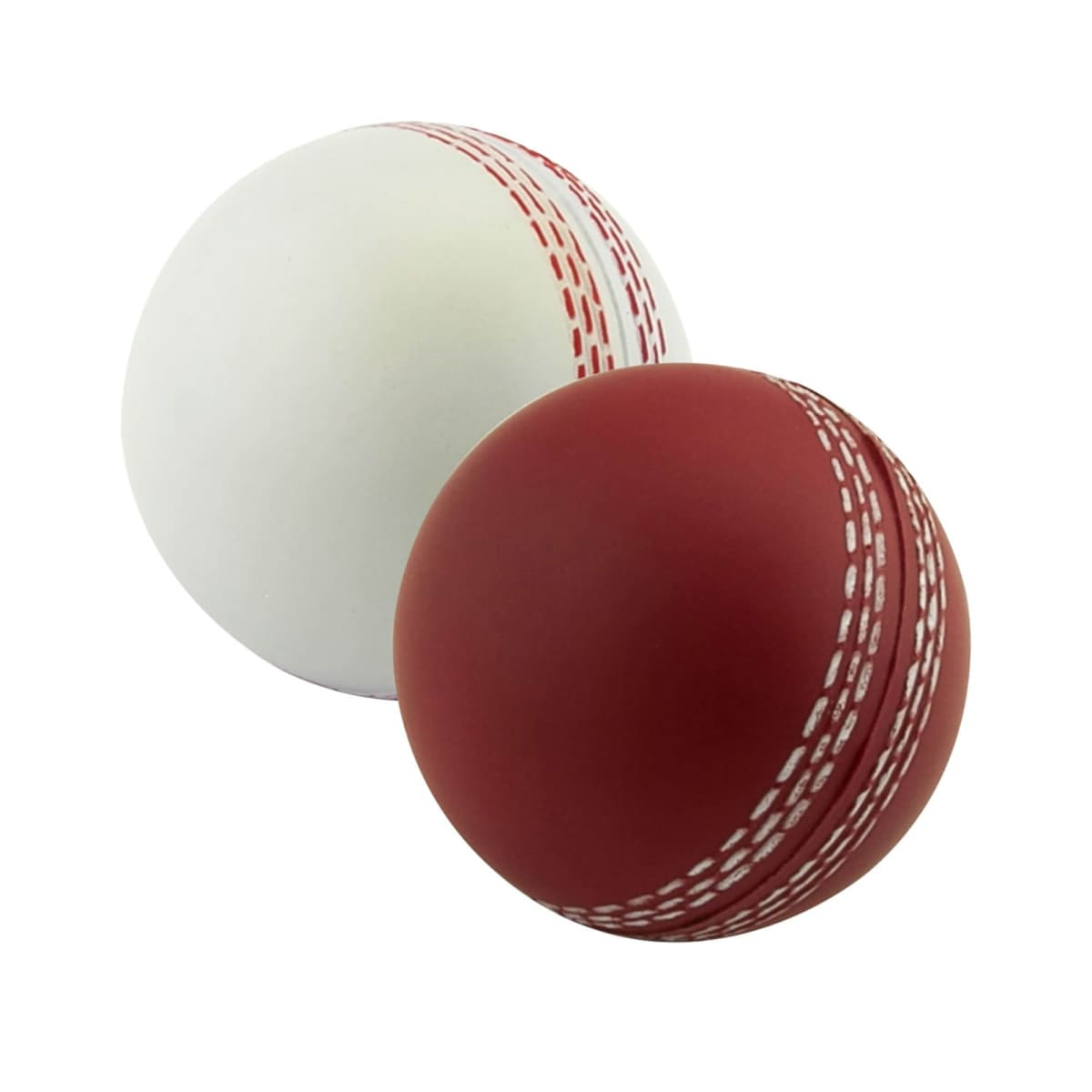 A white and a red cricket ball, each with white stitching, are placed side by side against a plain background. The balls are textured and spherical, illustrating typical design patterns used in cricket.