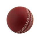 A red cricket ball with white stitching visible on the seam, set against a plain white background.