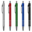 Five retractable pens in silver, red, green, blue, and black, lined up vertically.