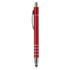 Red retractable ballpoint pen with silver accents, clip, and stylus tip on a white background.