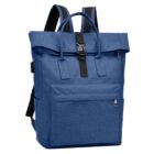 A blue backpack with a modern design, featuring a top flap secured by a black buckle and adjustable shoulder straps. The bag has a front zippered pocket and a minimalist style, suitable for casual use or commuting.