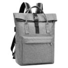 A grey backpack with a roll-top design, front zipper pocket, and black adjustable shoulder straps. It features a buckle closure on the flap and two top handles for easy carrying.