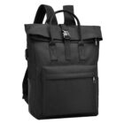 Black backpack with a roll-top design, front zippered pocket, and adjustable shoulder straps. It features a top handle and a buckle closure on the flap for added security and style.