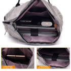 Open gray bag with multiple compartments showing items like a laptop, tablet, and phone inside. Two inset images highlight a small compartment with a phone and a large compartment for laptops or iPads.