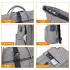 Collage of a gray backpack with labeled features: top carry handles, top zip closure, side zip pocket with a phone, regular side pocket with a water bottle, and a front zip pocket. Each feature is shown in close-up.