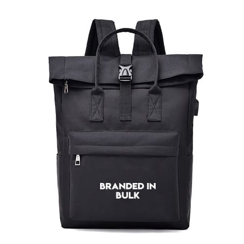 A black backpack with Branded in Bulk printed on the front pocket. It features a top flap with a buckle closure, zippered front pocket, and two shoulder straps.