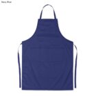 Navy blue apron with neck strap, waist ties, and a front pocket.