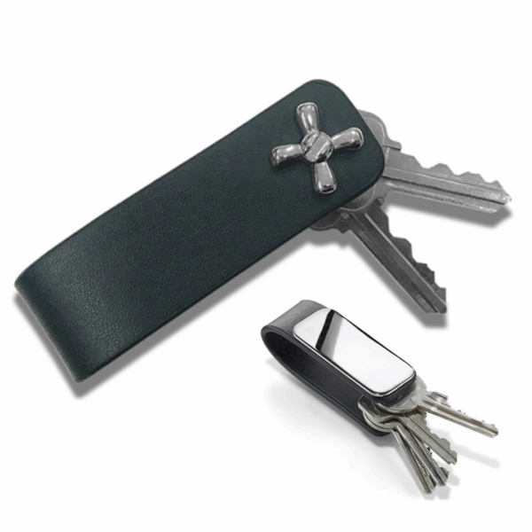 Two Aquitaine Branded Leather Key Holders, one featuring a cross-shaped detail.