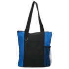 Best Selling Nylon Shopping Totes in blue/black with black straps and white mesh side pocket.