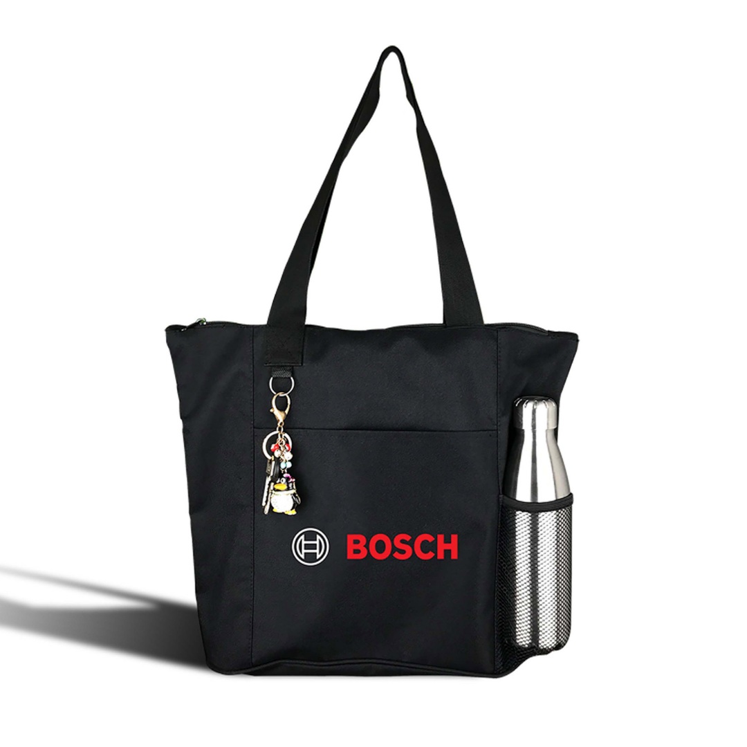 Best Selling Nylon Shopping Tote with keychain and silver bottle in side pocket.